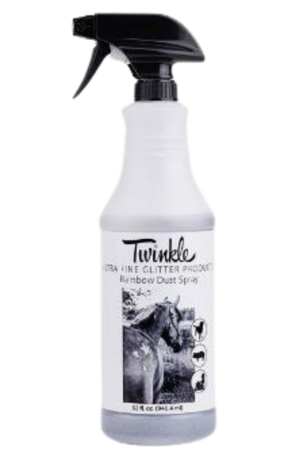 A blue spray bottle labeled 'TWINKLE RAINBOW DUST' with a picture of a unicorn and rainbows.