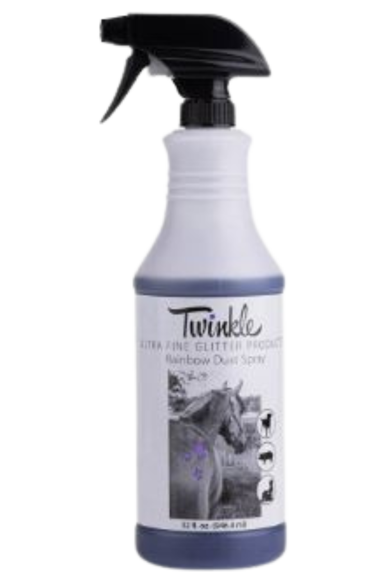 A blue spray bottle labeled 'TWINKLE RAINBOW DUST' with a picture of a unicorn and rainbows.