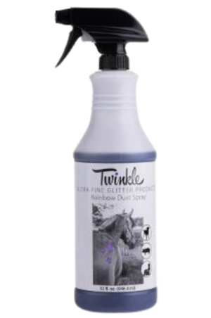 A blue spray bottle labeled 'TWINKLE RAINBOW DUST' with a picture of a unicorn and rainbows.