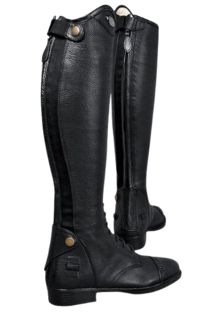 A pair of black TUFFRIDER Belmont field boots with a zipper on the side.