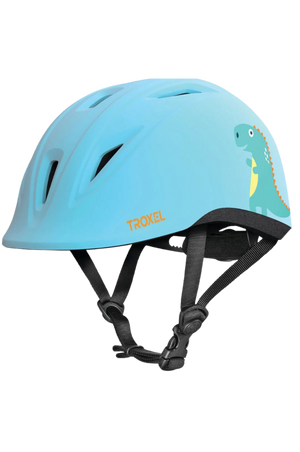 A blue equestrian helmet with a youngster design and black straps.
