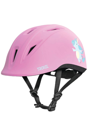 A pink equestrian helmet with a youngster design and black straps.