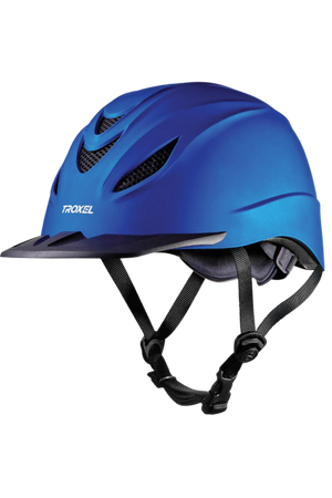A blue equestrian helmet with a visor, adjustable straps, and ventilation holes.