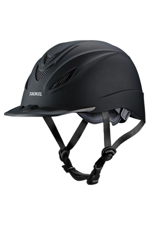 equestrian helmet with a visor, adjustable straps, and ventilation holes.