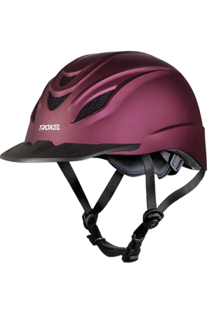 equestrian helmet with a visor, adjustable straps, and ventilation holes.