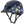 A navy blue equestrian helmet with a multicolor floral pattern on the side.