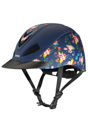 A navy blue equestrian helmet with a multicolor floral pattern on the side.