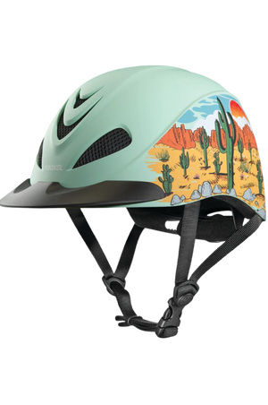 Equestrian helmet with a multicolor floral pattern on the side.