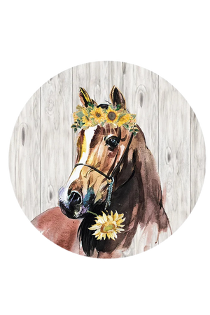 A round trivet with a floral pattern featuring a horse in the center.