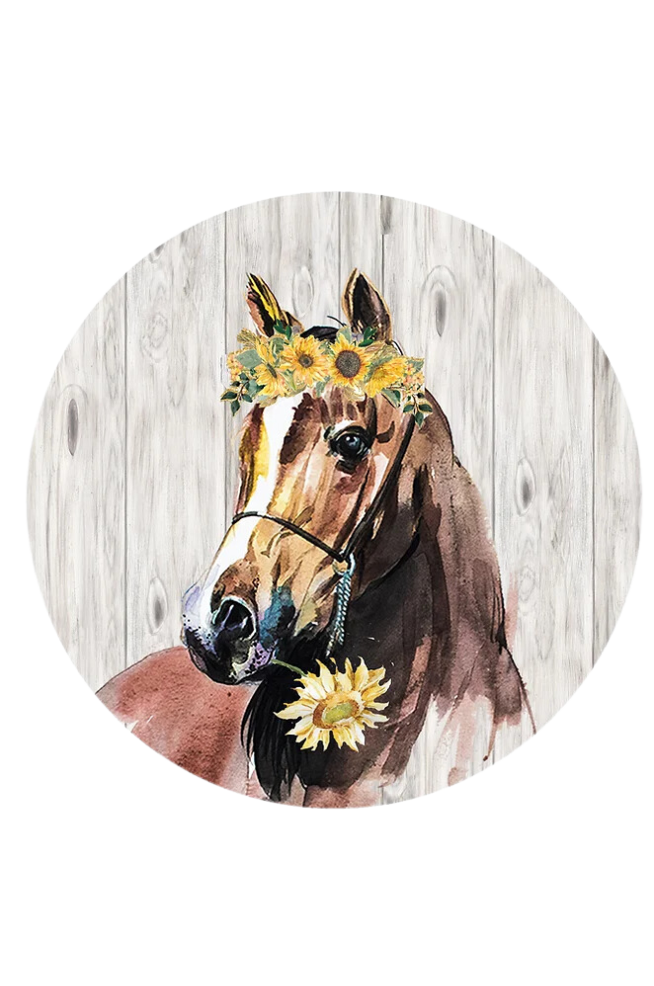 A round trivet with a floral pattern featuring a horse in the center.
