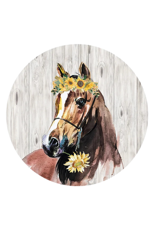 A round trivet with a floral pattern featuring a horse in the center.