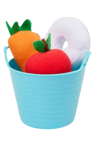 A blue toy bucket containing plush toys shaped like a pony and fruits.
