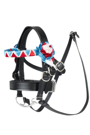 A toy pony bridle in black with red and blue accents.