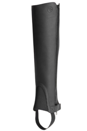 A pair of black leather chaps with a zipper at the lower leg and a small brand logo at the top.