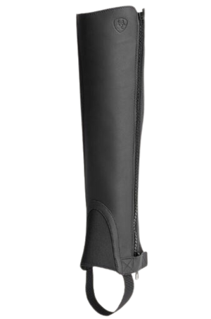 A pair of black leather chaps with a zipper at the lower leg and a small brand logo at the top.