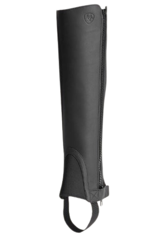 A pair of black leather chaps with a zipper at the lower leg and a small brand logo at the top.