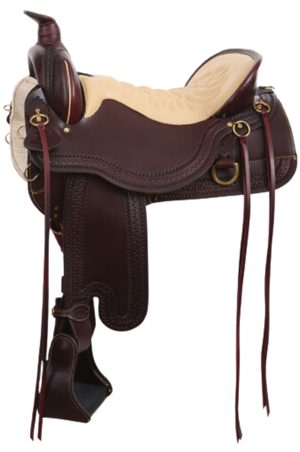 A brown Tucker Cheyenne Heritage saddle with a tan seat, designed for horseback riding.
