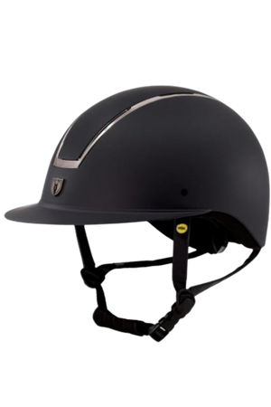 Black riding helmet with a reflective strip on a transparent background