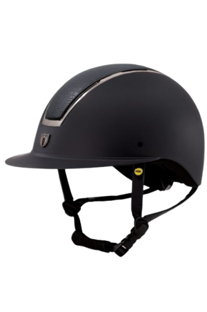 Black riding helmet with a reflective strip on a transparent background