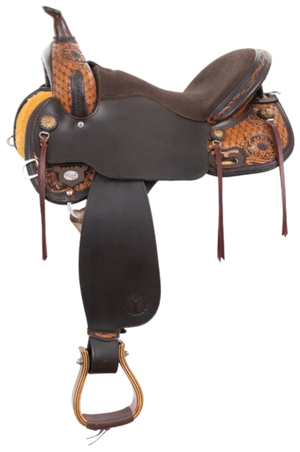 A brown and beige Circle Y Sunflower Flex2 Trail saddle with a patterned skirt and p相关新闻ers.