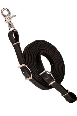 Brahma Webb rein combines leather look with easy-care synthetic durability. Weather-resistant with scissor snap & Conway adjustments. Measures 5/8" x 8'.