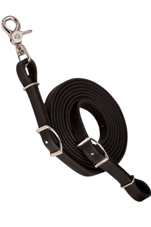 Brahma Webb rein combines leather look with easy-care synthetic durability. Weather-resistant with scissor snap & Conway adjustments. Measures 5/8" x 8'.