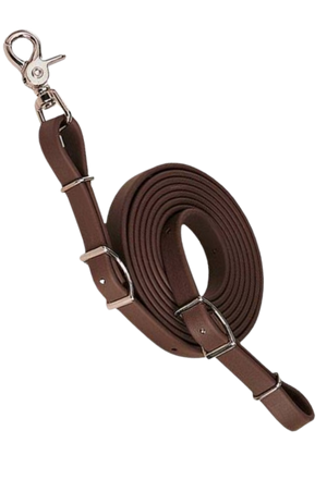 Brahma Webb rein combines leather look with easy-care synthetic durability. Weather-resistant with scissor snap & Conway adjustments. Measures 5/8" x 8'.