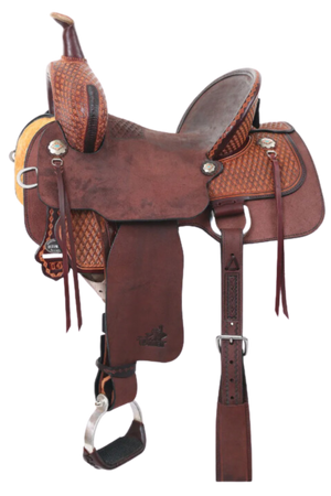 A brown leather barrel saddle with silver accents and rawhide details.