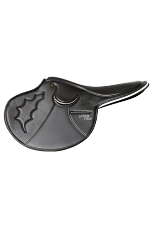A black exercise saddle designed for horses, showing the saddle blanket and the outline of the saddle pad.