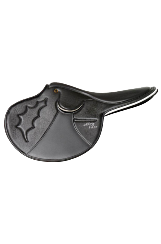 A black exercise saddle designed for horses, showing the saddle blanket and the outline of the saddle pad.