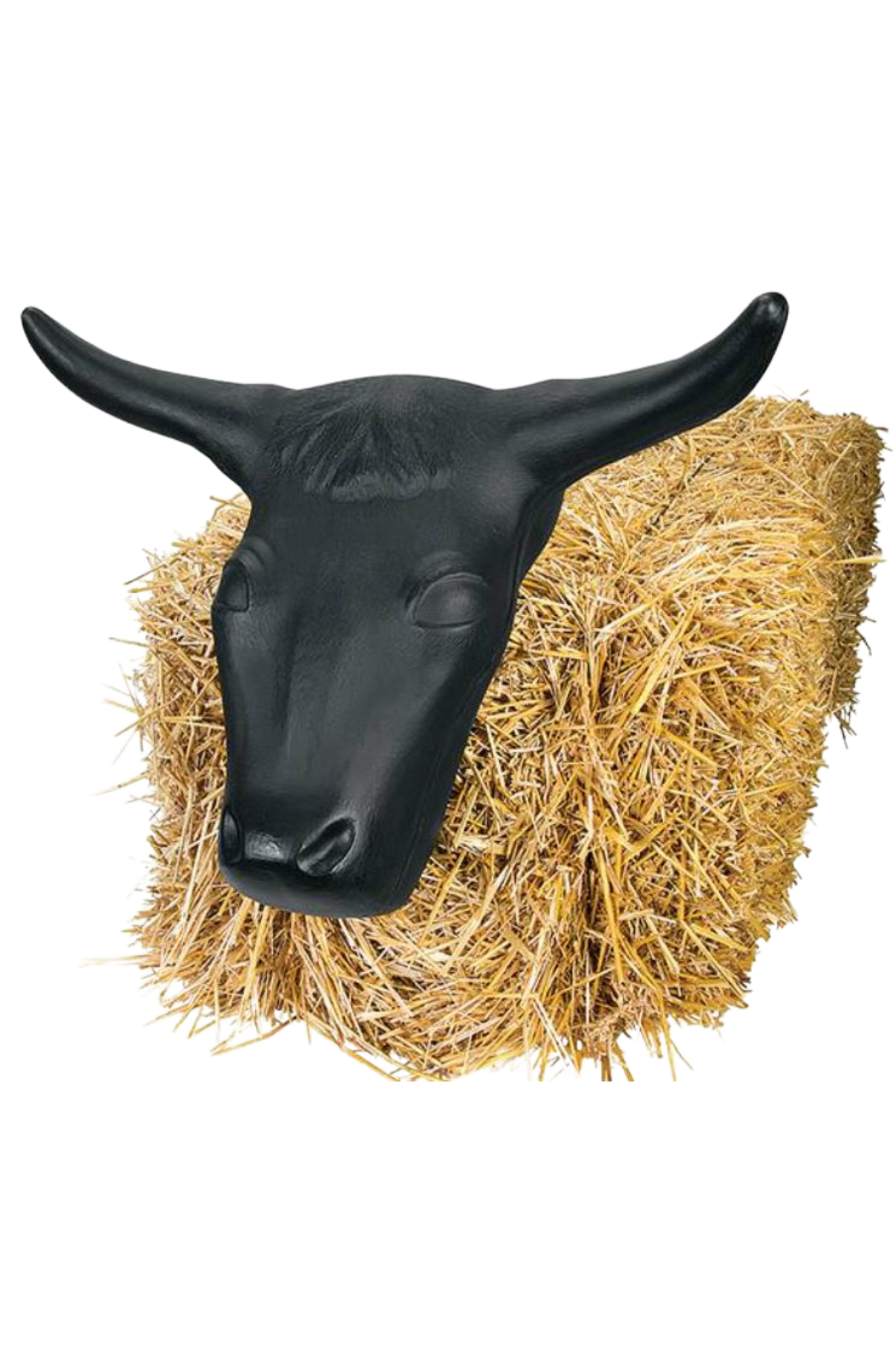 A black steer head roping dummy attached to a bundle of hay.