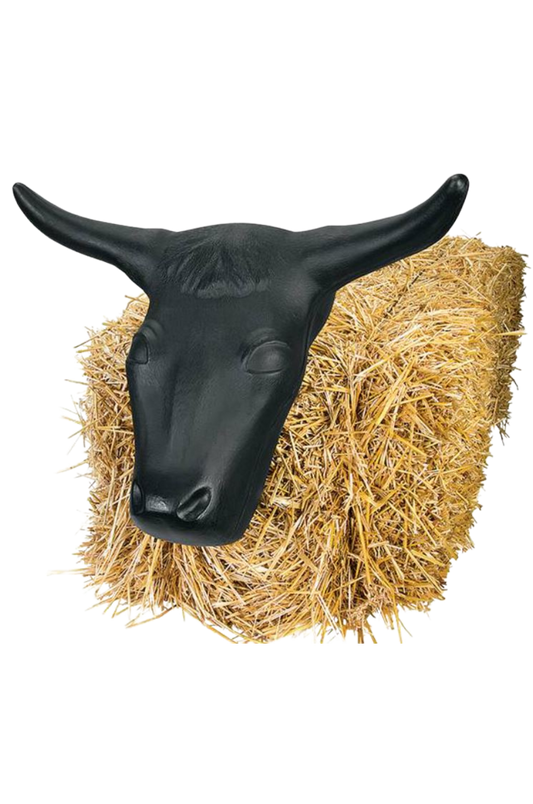A black steer head roping dummy attached to a bundle of hay.