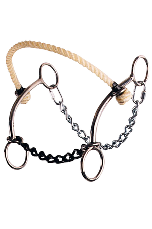 A silver-colored metal horse bit with a rope attached, typically used for riding or training horses.