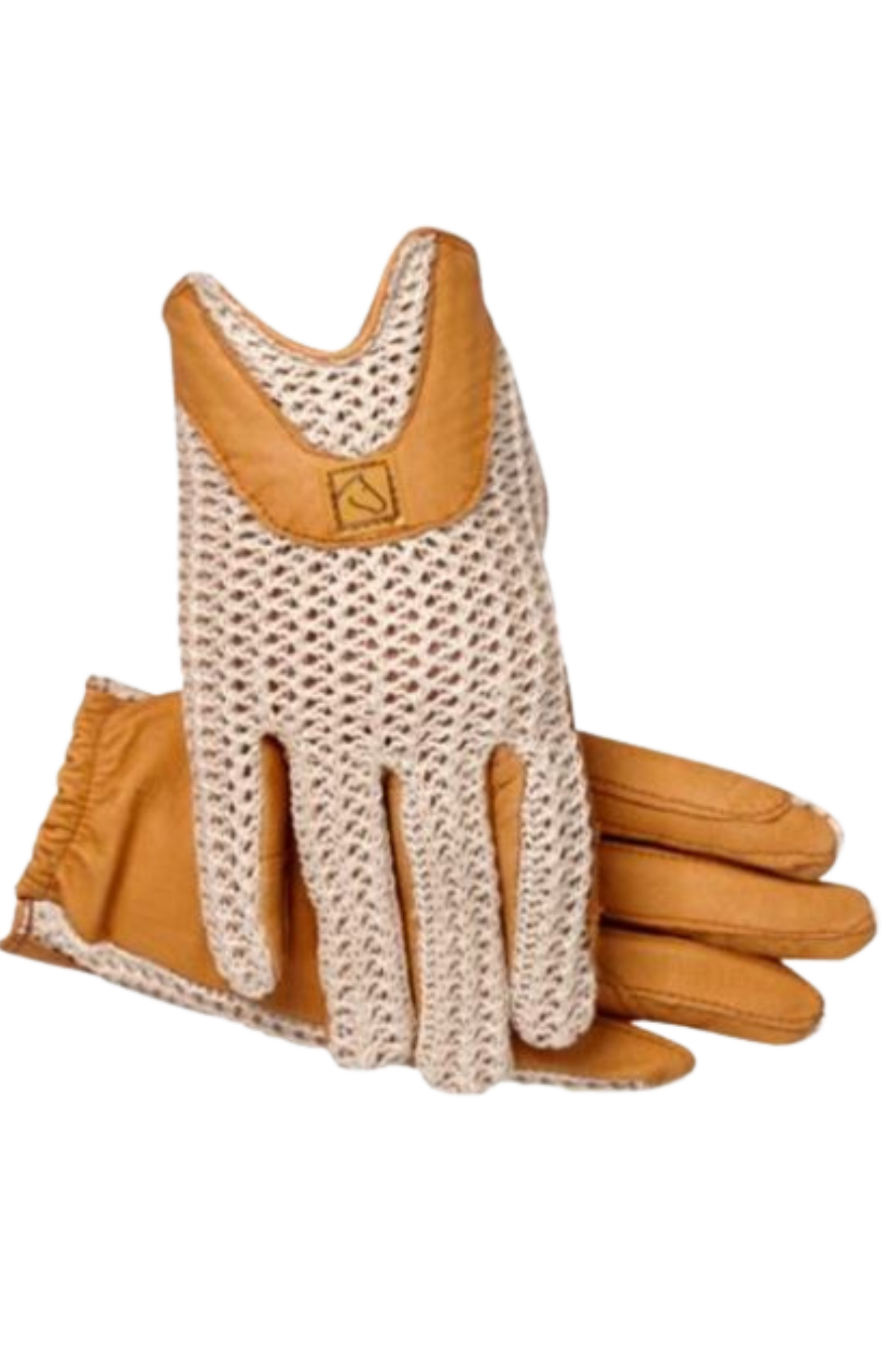 A pair of beige and brown riding gloves with a horseshoe design on the back.