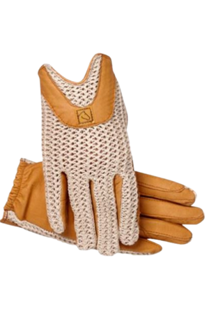 A pair of beige and brown riding gloves with a horseshoe design on the back.