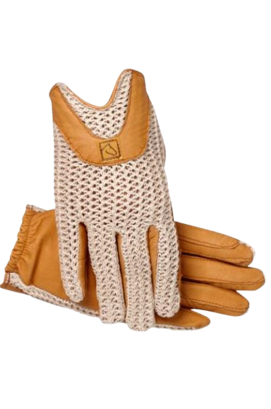 A pair of beige and brown riding gloves with a horseshoe design on the back.