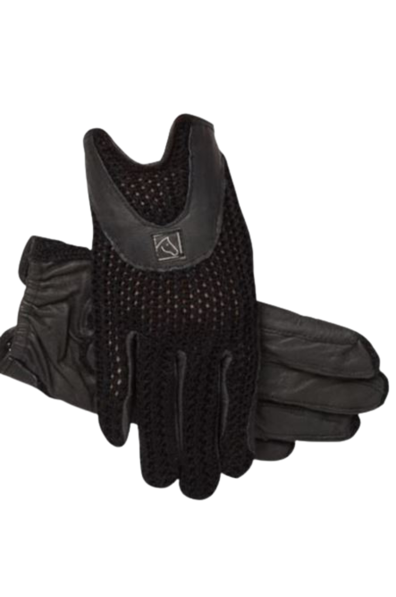 A pair of beige and brown riding gloves with a horseshoe design on the back.