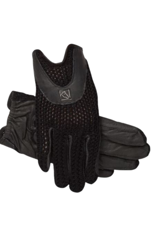 A pair of beige and brown riding gloves with a horseshoe design on the back.