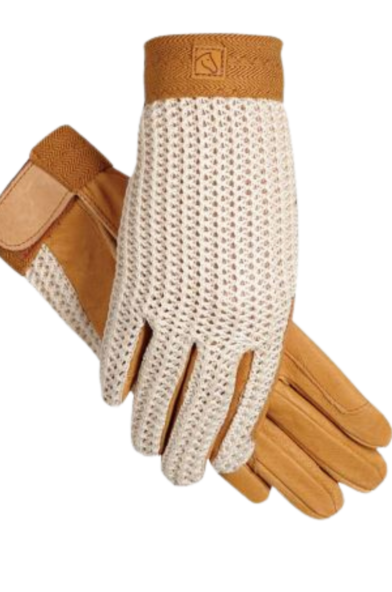 A pair of white and beige lycrochet gloves with brown leather accents.