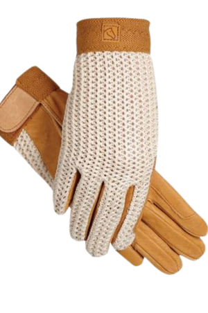 A pair of white and beige lycrochet gloves with brown leather accents.