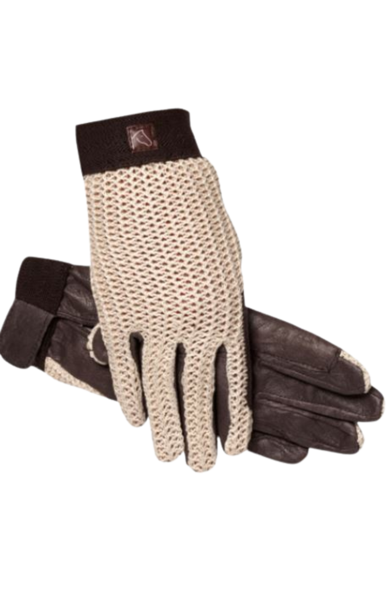 A pair of white and beige lycrochet gloves with brown leather accents.