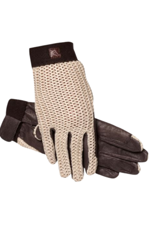 A pair of white and beige lycrochet gloves with brown leather accents.