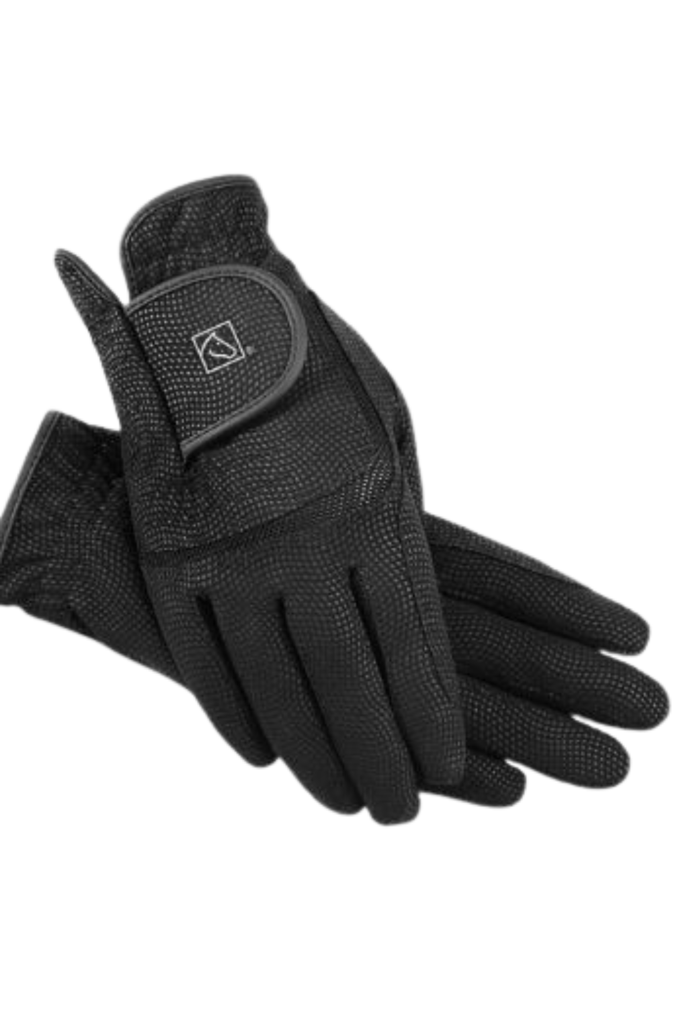 A pair of black equestrian gloves with velcro wrist straps and a logo on the backhand.