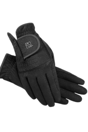 A pair of black equestrian gloves with velcro wrist straps and a logo on the backhand.