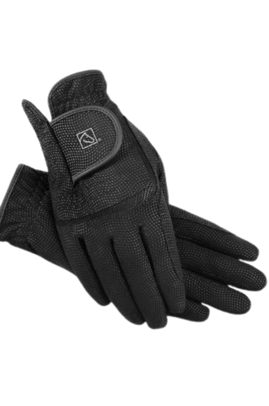 A pair of black equestrian gloves with velcro wrist straps and a logo on the backhand.