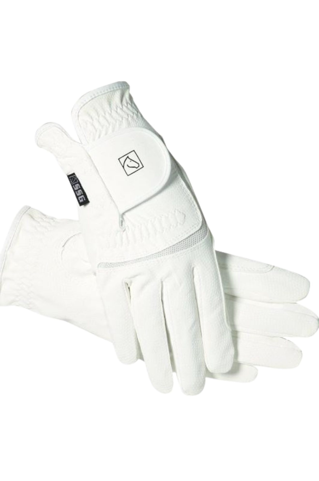  equestrian gloves with velcro wrist straps and a logo on the backhand.