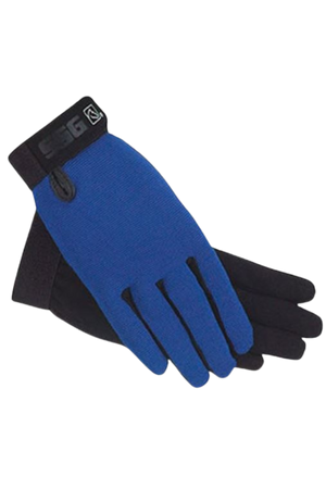 A pair of blue and black all-weather gloves for women.