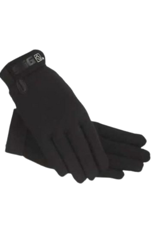A pair of blue and black all-weather gloves for women.