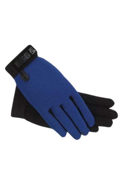 A pair of blue and black all-weather gloves for women.