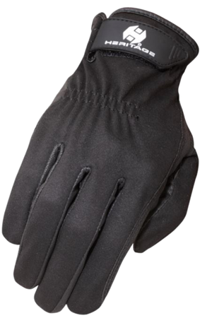 A black leather glove with a visible brand logo on the wrist adjustment strap.
